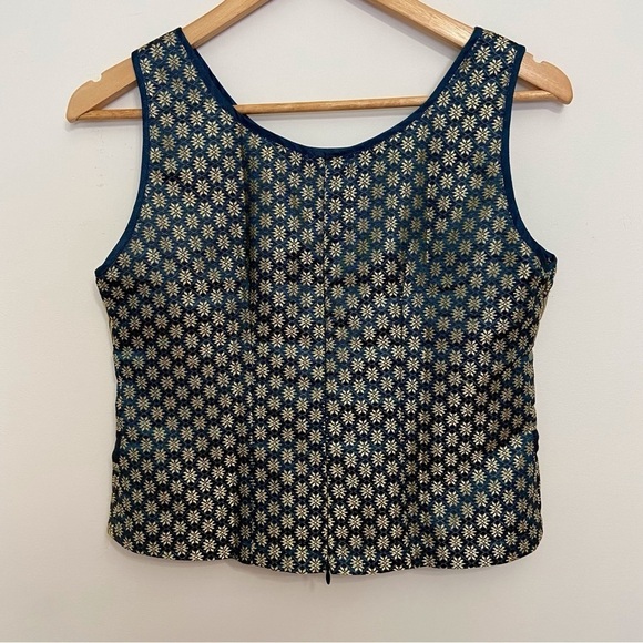2/40$ Boon Thai Silk top large blue gold tank top boxy debardeur sleeveless - Picture 2 of 10